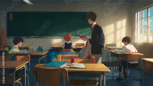UntitledVintage-style classroom with students focused on a teacher giving a lecture in front of a chalkboard. AIG41
