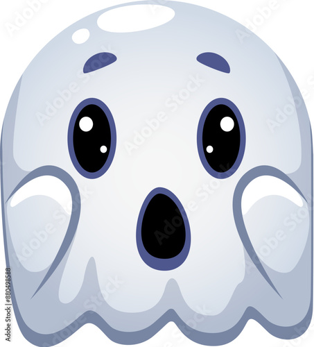 Cartoon Halloween emoji, surprised ghost character. Isolated vector kawaii spook radiate shock with wide, surprised eyes and open-mouthed expression, evoking charming mix of spookiness and innocence