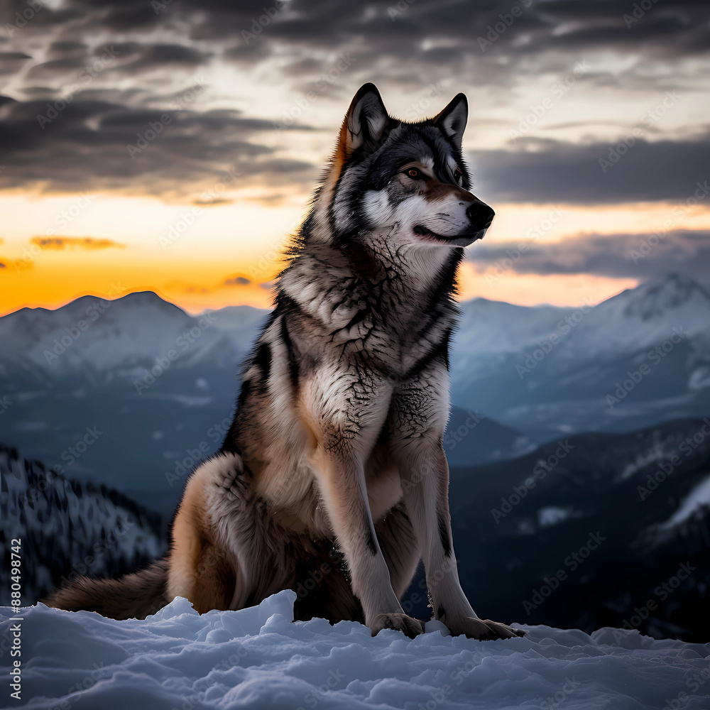 Majestic alpha wolf at sunset. The breathtaking scene highlights the wolf's powerful presence against a backdrop of snow-covered mountains and a vibrant sky. Generative AI. 
