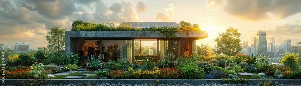 Modern eco-friendly rooftop garden with lush greenery and sustainable architectural design against a city skyline at sunrise. Modern eco-friendly rooftop garden with lush greenery and sustainable architectural design against a city skyline at sunrise.