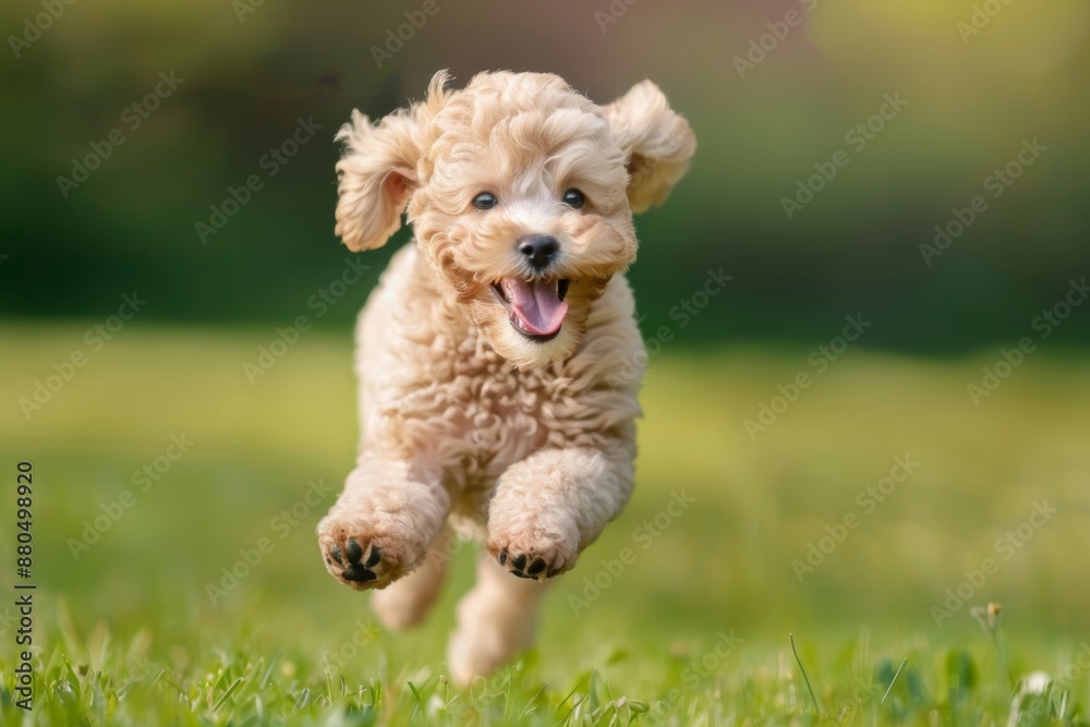 A happy light brown poodle puppy runs playfully towards the camera in a beautiful green field. A happy light brown poodle puppy runs playfully towards the camera in a beautiful green field.