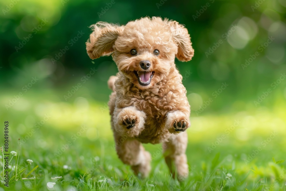 A happy light brown poodle puppy runs playfully towards the camera in a beautiful green field. A happy light brown poodle puppy runs playfully towards the camera in a beautiful green field.
