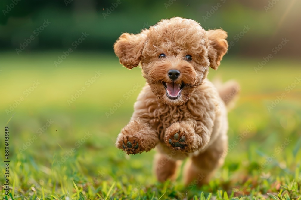 A happy light brown poodle puppy runs playfully towards the camera in a beautiful green field. A happy light brown poodle puppy runs playfully towards the camera in a beautiful green field.