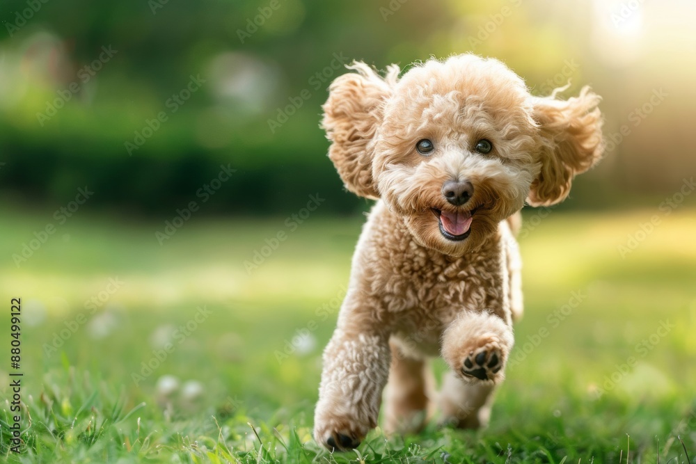 A happy light brown poodle puppy runs playfully towards the camera in a beautiful green field. A happy light brown poodle puppy runs playfully towards the camera in a beautiful green field.
