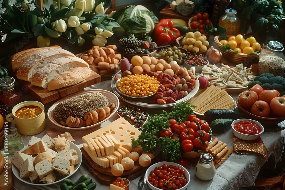 A Bountiful Spread of Fresh Produce, Breads, and Cheeses A Bountiful Spread of Fresh Produce, Breads, and Cheeses