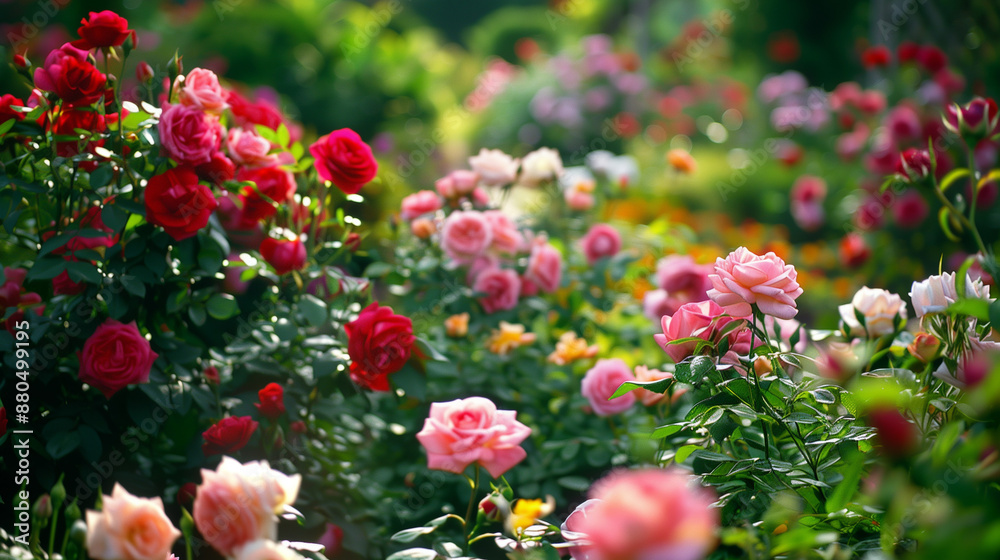 Rose garden in full bloom with vibrant and colorful roses. Rose garden in full bloom with vibrant and colorful roses.