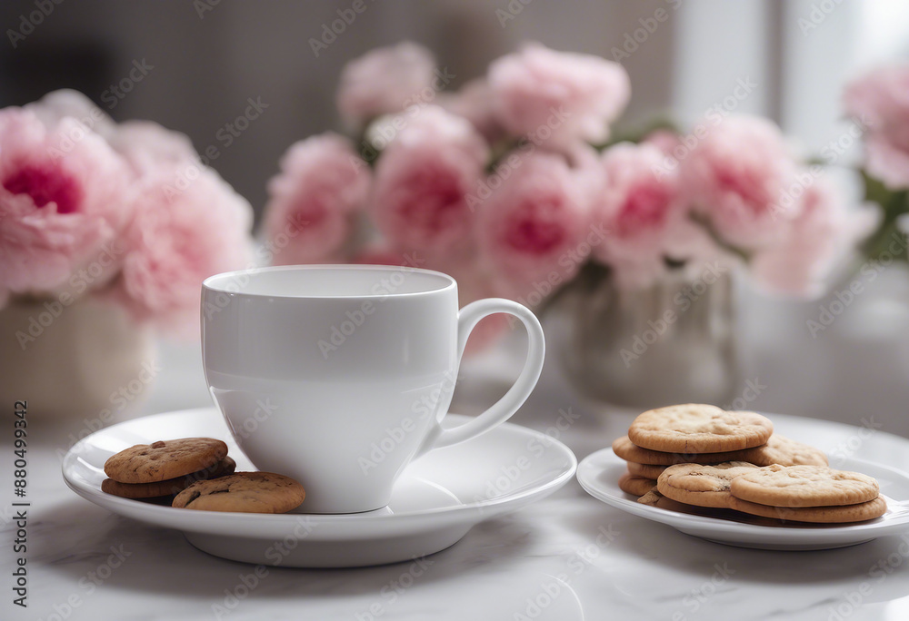 A white coffee cup with a heart design sits on a white saucer next to a plate of cookies The scene i A white coffee cup with a heart design sits on a white saucer next to a plate of cookies The scene i