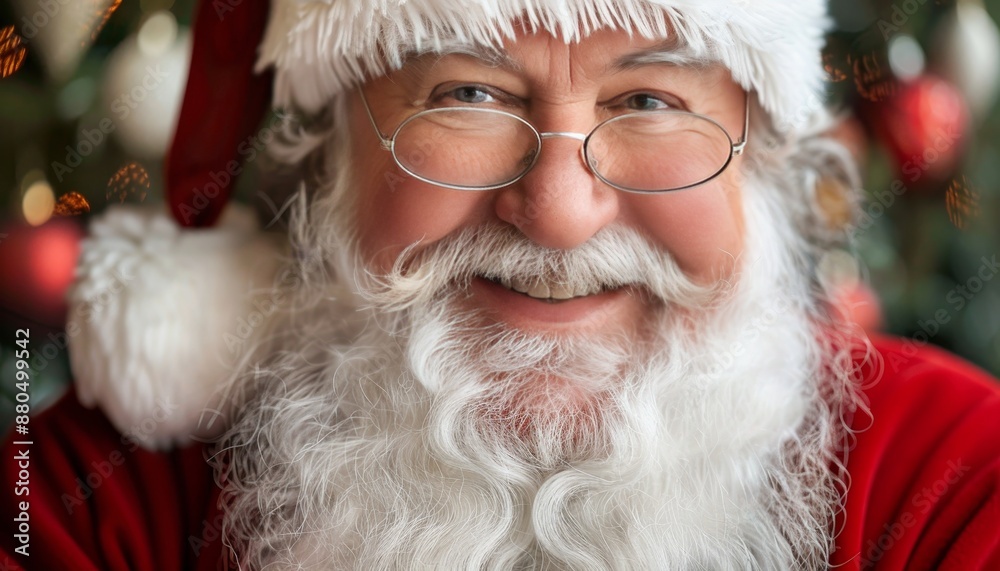 Close-up Portrait Of Joyful Santa Claus With Spectacles, Smiling At Christmas Holiday Close-up Portrait Of Joyful Santa Claus With Spectacles, Smiling At Christmas Holiday