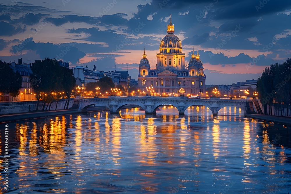 Obraz premium Illuminated Cathedral and Bridge Reflecting on a Tranquil River at Dusk