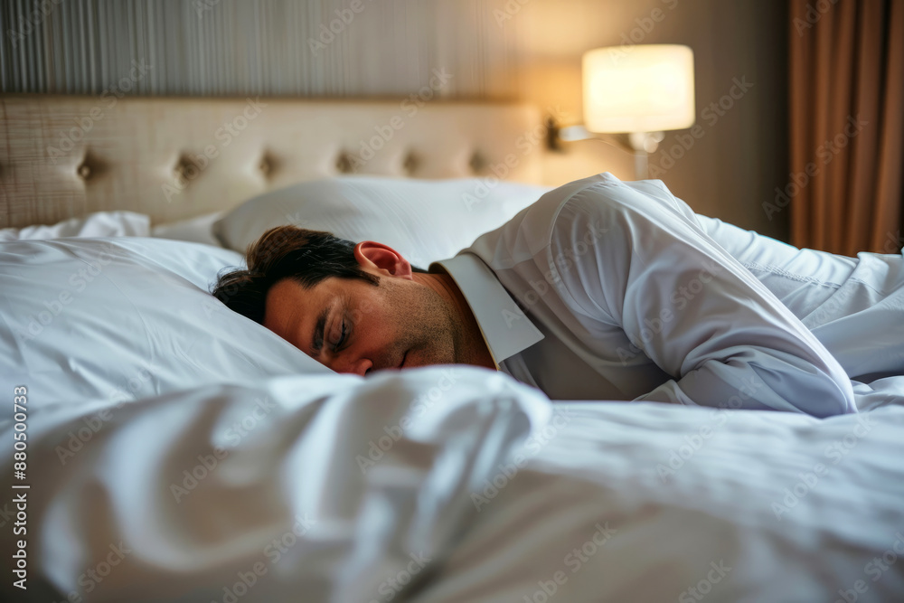 tired young businessman lying on hotel bed, tired young businessman lying on hotel bed,