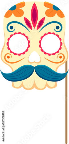 Dead day photo booth mask with props. Mexican dia de los muertos holiday vibrant and intricate sugar skull with mustaches, colorful patterns, flowers, and ornate details, perfect for celebrating