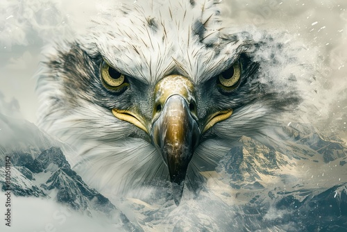 double exposure portrait merging a fierce eagles gaze with rugged mountain peaks textures of feathers blend seamlessly with rocky crags symbolizing freedom and wilderness photo