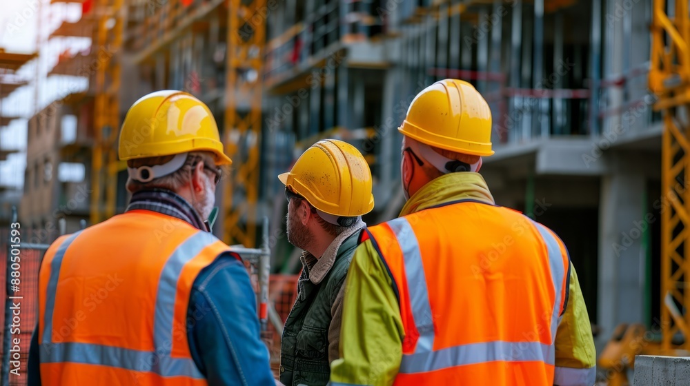 Construction engineers in bump caps collaborating on building plans at a busy construction site, emphasizing teamwork, safety, and modern engineering practices Construction engineers in bump caps collaborating on building plans at a busy construction site, emphasizing teamwork, safety, and modern engineering practices