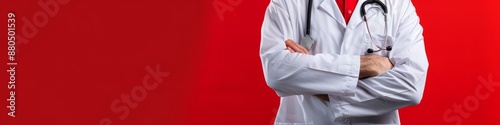 Confident Doctor Against Red Background Banner.