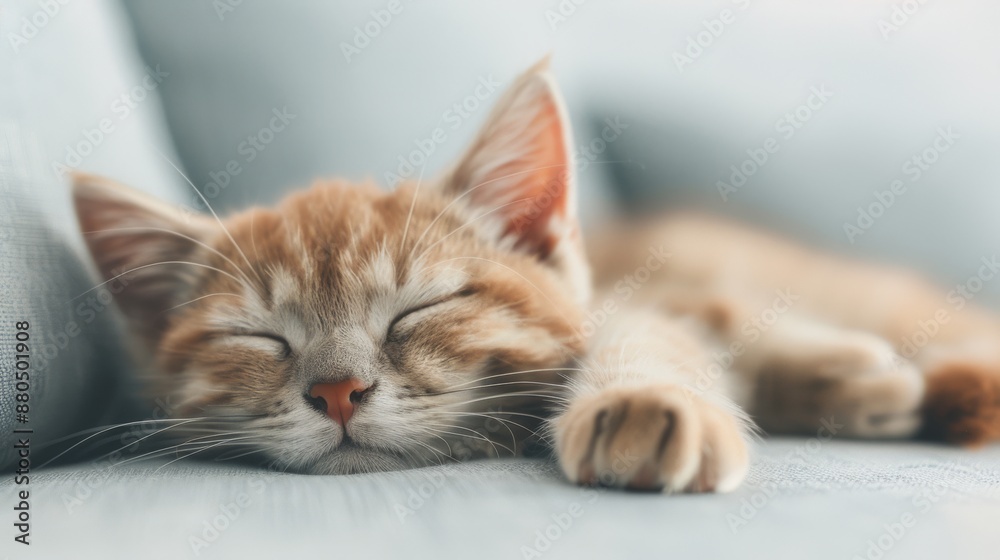 A close-up of a cute ginger kitten sleeping peacefully on a blue couch, capturing the essence of relaxation and comfort. A close-up of a cute ginger kitten sleeping peacefully on a blue couch, capturing the essence of relaxation and comfort.