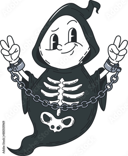 Cartoon groovy Halloween ghost character for holiday horror night, vector retro cartoon. Groovy funny boo ghost in skeleton sheet costume in shackles chains with funky face for Halloween holiday