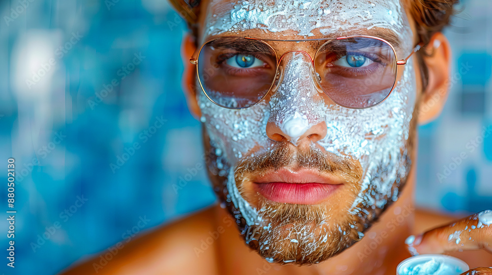 Handsome man applying sunscreen protection cream on face
