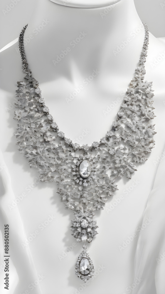 Take a detailed shot of a sparkling necklace against a pure white backdrop. Take a detailed shot of a sparkling necklace against a pure white backdrop.