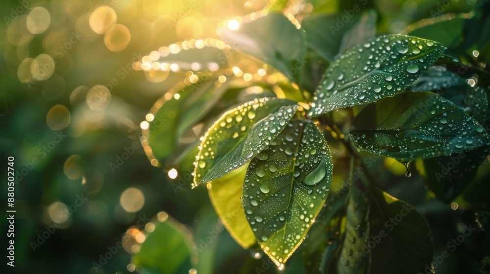 A close-up of dew-covered leaves in the early morning sunlight. A close-up of dew-covered leaves in the early morning sunlight.
