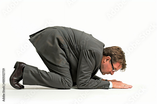50 Year Old Businessman Crawling Face Down, White Background Full Body Profile Photo
