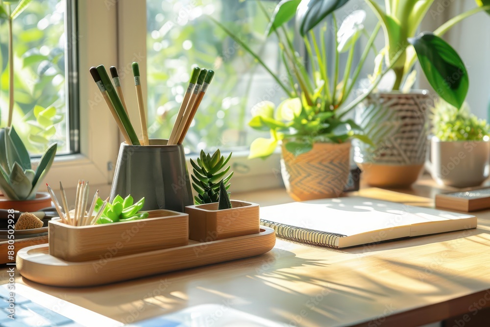 ecochic workspace featuring a handcrafted bamboo desk organizer recycled paper notebook and biodegradable pens soft natural light illuminates lush potted plants nearby ecochic workspace featuring a handcrafted bamboo desk organizer recycled paper notebook and biodegradable pens soft natural light illuminates lush potted plants nearby
