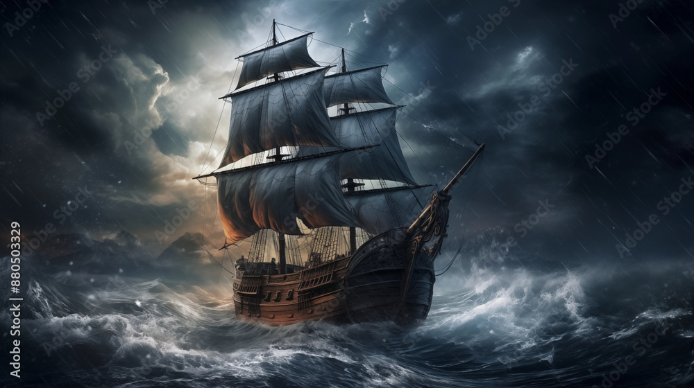 Naklejka premium ship sails on big wave with dark sky cloud background