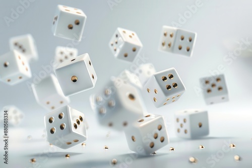 elegant 3d dice sculpture pristine white cubes with goldinlaid numbers float in dynamic arrangement casting soft shadows on invisible plane