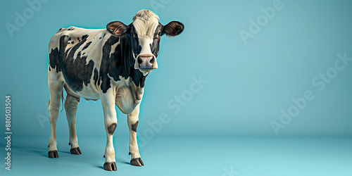 Cute Black And White Cow Standing On A Blue, 3d Rendering, Ultra, Photo, Shot, Resolution Photography, Detailed, Isolated, Stock Photo
 photo