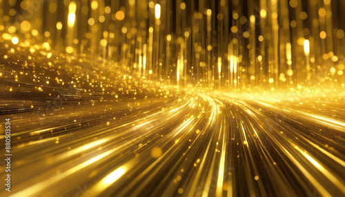 A digital landscape of golden lines and particles converging to a point