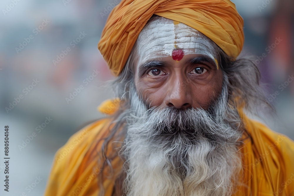 Obraz premium Portrait of a Holy Man with Traditional Attire and Face Paint