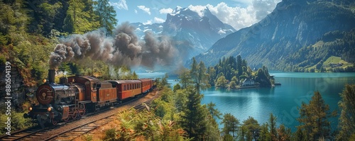 A steam locomotive chugging along a scenic mountain route, passengers enjoying the view.
