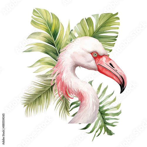 Watercolor flamingo with palm leaves