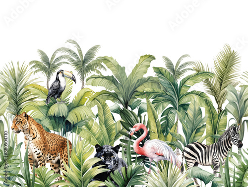 Watercolor animals with palm leaves