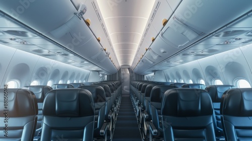 Airplane interior of commercial passenger. Airplane cabin and aisle with empty seats inside of plane © Yeivaz