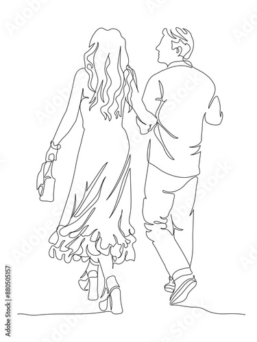 Couple walking away arm in arm. Woman wear fluffy skirt and holding purse. Single line drawing. Black and white vector in line art style.