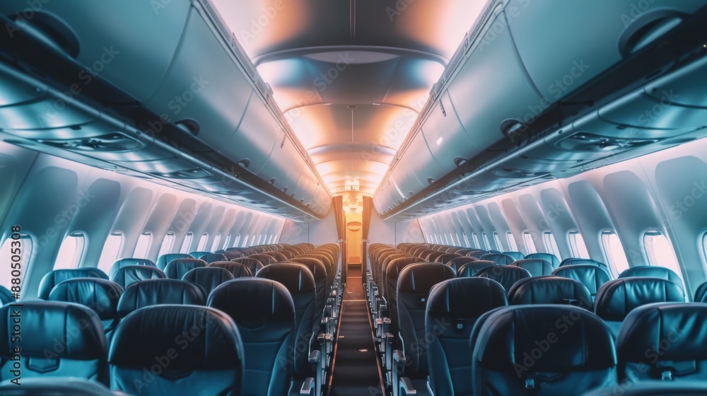 Fototapeta premium Airplane interior of commercial passenger. Airplane cabin and aisle with empty seats inside of plane