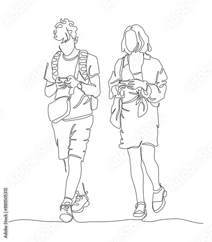 Young couple using phones and walking. Wear shorts, mini skirt. Man with backpack.Continuous line drawing. Black and white vector in line art style.