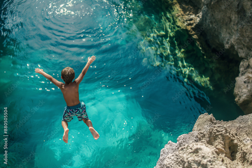 Fototapeta premium Exhilarating Plunge: Kid Diving into Crystal Clear Blue Natural Pool from Above