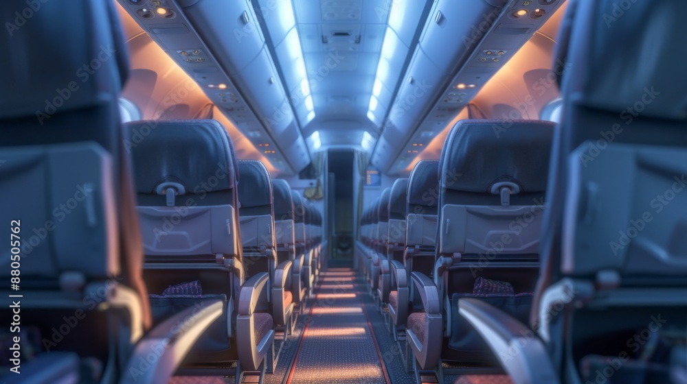 Airplane interior of commercial passenger. Airplane cabin and aisle with empty seats inside of plane Airplane interior of commercial passenger. Airplane cabin and aisle with empty seats inside of plane