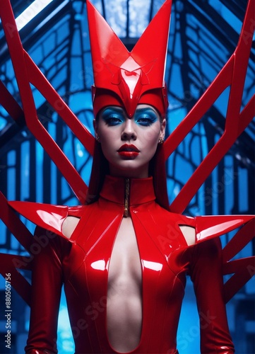 A beautiful redhead female pop artist all red sleek futuristic outfit, with huge headpiece center piece, clean blue makeup, with depth of field, fantastical edgy and regal themed outfit, captured in v photo