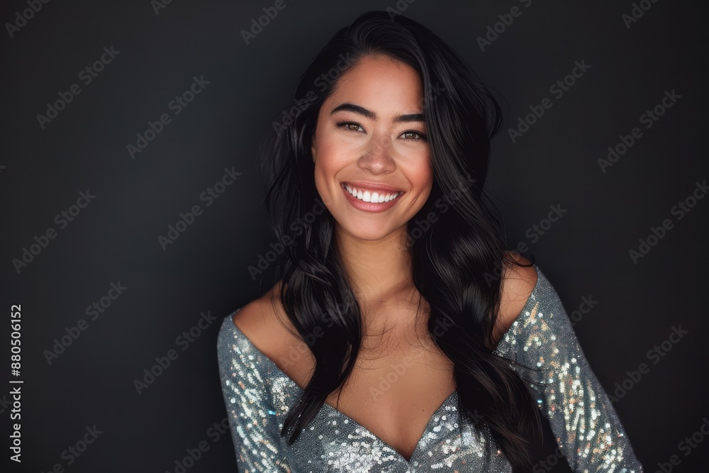 Elegant portrait of a beautiful woman in a silver dress against a dark backgroundc Elegant portrait of a beautiful woman in a silver dress against a dark backgroundc