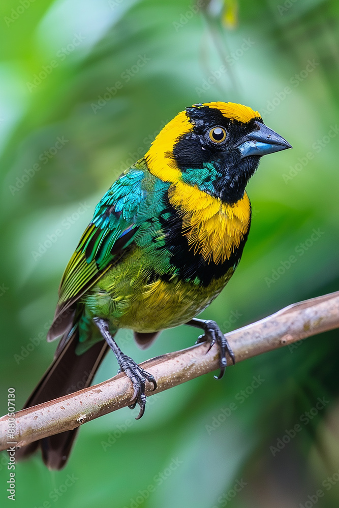 Colorful bird with green, yellow, and black feathers perched on a branch in a dense forest, showcasing its vibrant plumage and sharp beak. Colorful bird with green, yellow, and black feathers perched on a branch in a dense forest, showcasing its vibrant plumage and sharp beak.