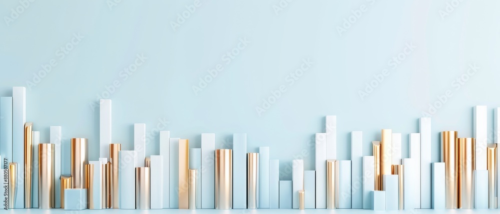 Abstract 3D city skyline with tall buildings in gold and white on a blue background showcasing modern urban architecture. Abstract 3D city skyline with tall buildings in gold and white on a blue background showcasing modern urban architecture.