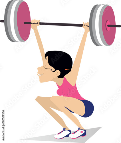 Cartoon woman weightlifter. Woman lifting heavy barbell during workout
Female weightlifter training strength gym sport. Cartoon athlete performing powerlifting 
