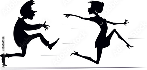 Young couple. Woman runs away from the man. 
Running woman looks back and points a finger to the man trying to catch him. Black and white
