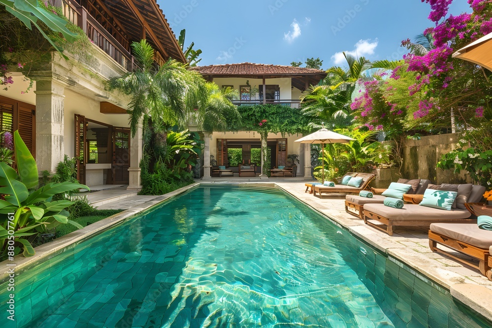 Fototapeta premium Luxurious Tropical Villa with Private Pool and Lush Garden