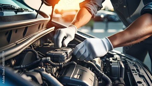 A mechanic at a car service center is servicing a car. Hands of an auto mechanic working to repair a car under the hood. Diagnosis of a car engine at a maintenance service.