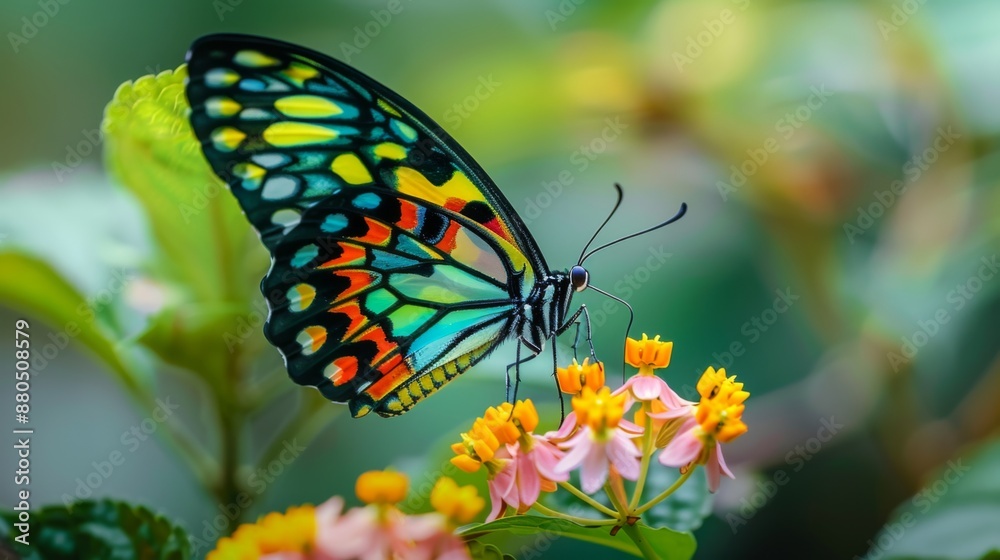 A detailed macro shot of a colorful butterfly perched on a flower. A detailed macro shot of a colorful butterfly perched on a flower.