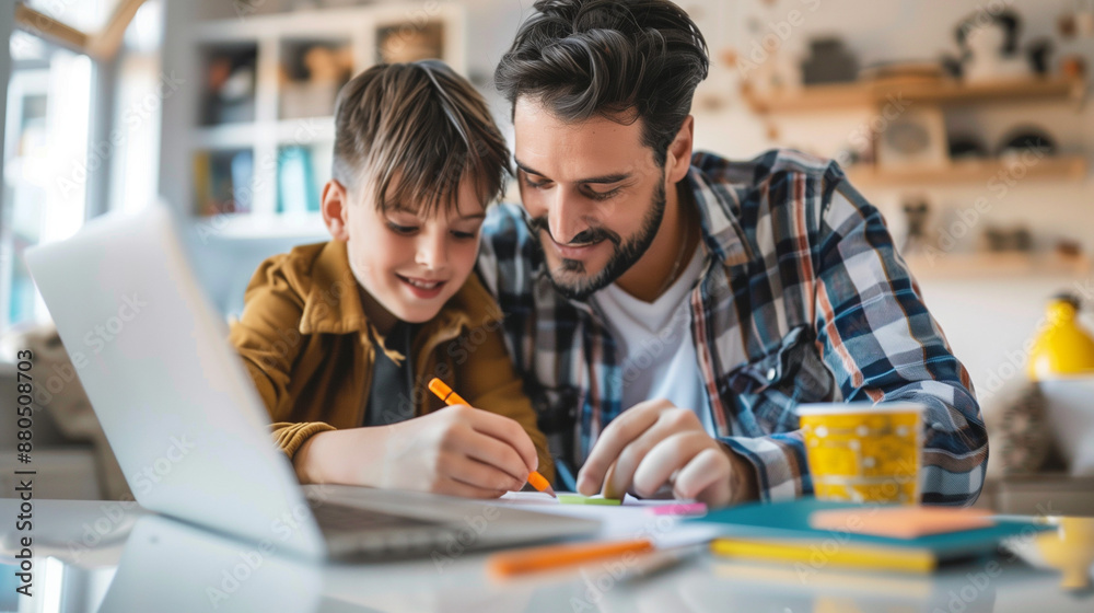 custom made wallpaper toronto digitalfather and child happy doing homework with laptop