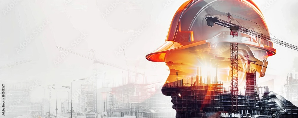 civil engineering project site close up, focus on, copy space, vibrant tones, Double exposure silhouette with safety helmets civil engineering project site close up, focus on, copy space, vibrant tones, Double exposure silhouette with safety helmets